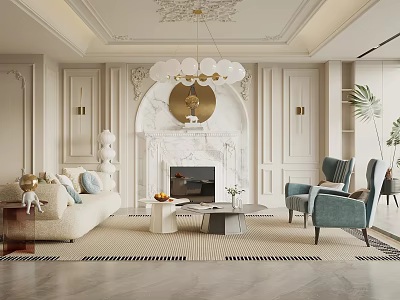 Elegant Luxury Living Room Interior With White Sofa And Marble Fireplace Chandelier 3d model