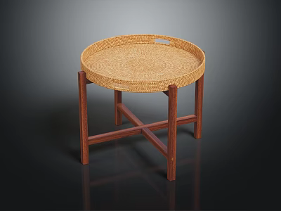 Stylish Round Rattan Tray Table With Wooden Cross Legs Design 3d model