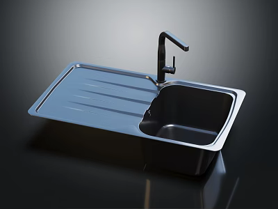 Modern Stainless Steel Kitchen Sink With Black Faucet And Integrated Drainboard 3d model