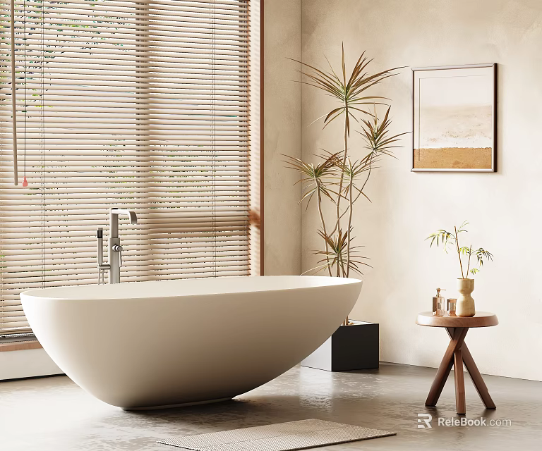Freestanding White Bathtub In Modern Bathroom With Window Blinds Plants And Side Table 3d model 