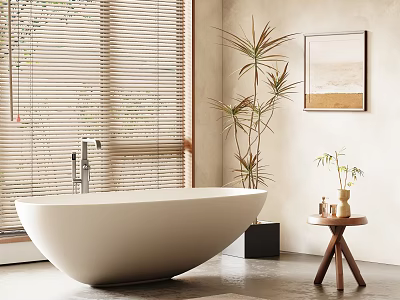 Freestanding White Bathtub In Modern Bathroom With Window Blinds Plants And Side Table 3d model