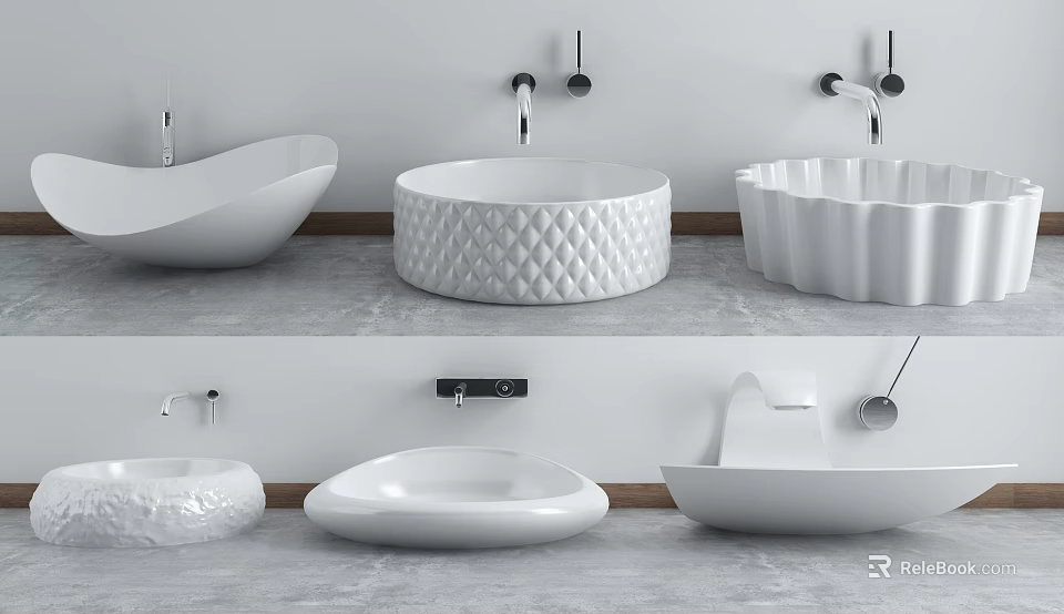 Different Style Bathroom Sinks with Oval Diamond Pattern Wave Shapes on White Wall Gray Countertop 3d model 