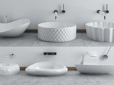 Different Style Bathroom Sinks with Oval Diamond Pattern Wave Shapes on White Wall Gray Countertop 3d model