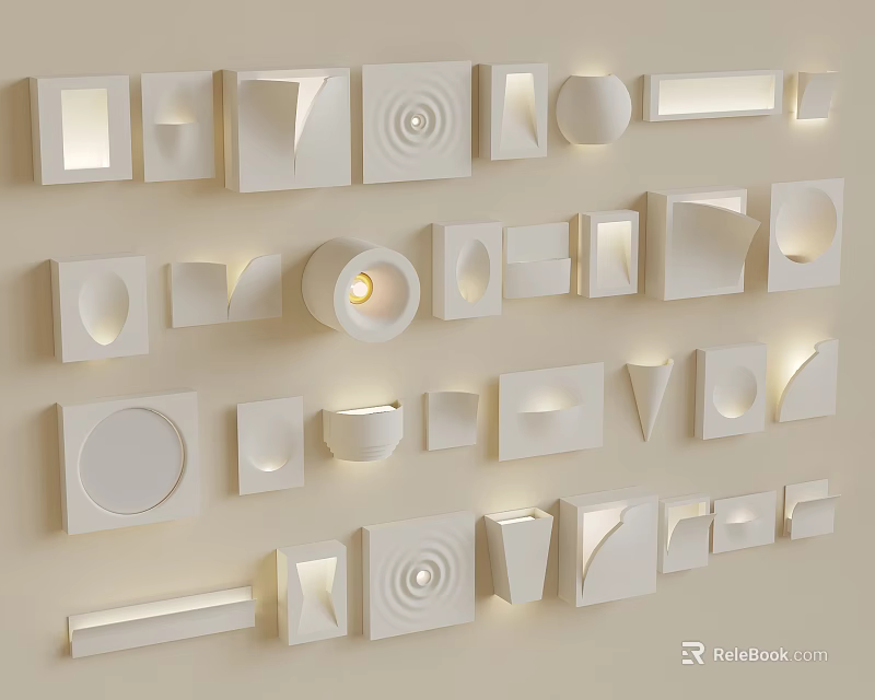 Various Shaped White Wall Lamps Arranged on Beige Background Wall 3d model