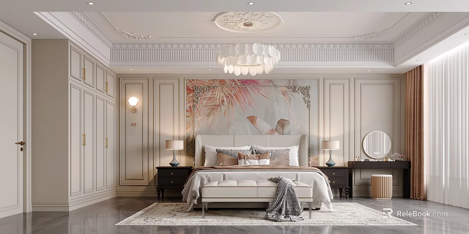 Elegant Bedroom Interior With Decorative Ceiling Chandelier Floral Mural Nightstands And Table Lamps 3d model 