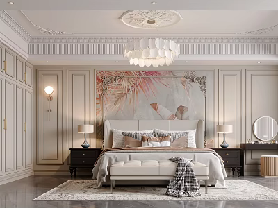 Elegant Bedroom Interior With Decorative Ceiling Chandelier Floral Mural Nightstands And Table Lamps 3d model