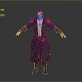 Man In Fantasy Character Design With Long Coat Red Accents And Feathered Headdress