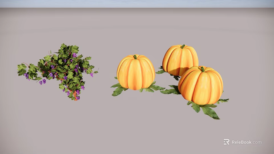 Three Ripe Pumpkins With Green Leaves And Fresh Grapevine With Purple Grapes 3d model 