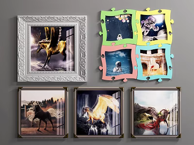 Colorful Puzzle Frames And Framed Decorative Art With Various Animal Designs 3d model