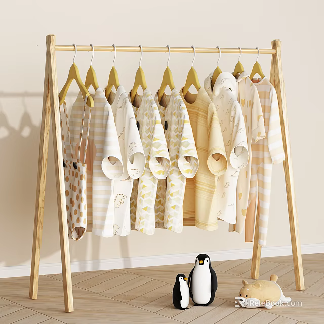 Wooden Clothes Rack Hanging Pastel Colored Baby Clothes With Small Penguin Toys Nearby 3d model 