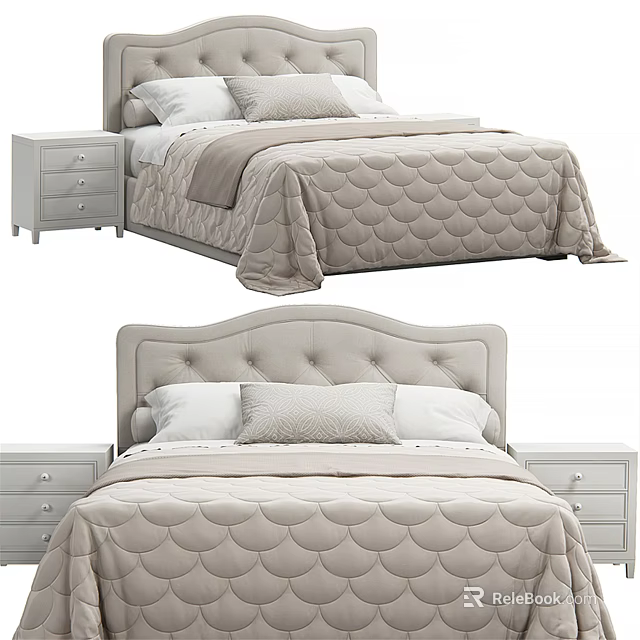 Elegant Double Bed With Tufted Headboard Matching Bedside Tables And Soft Beige Bedspread 3d model