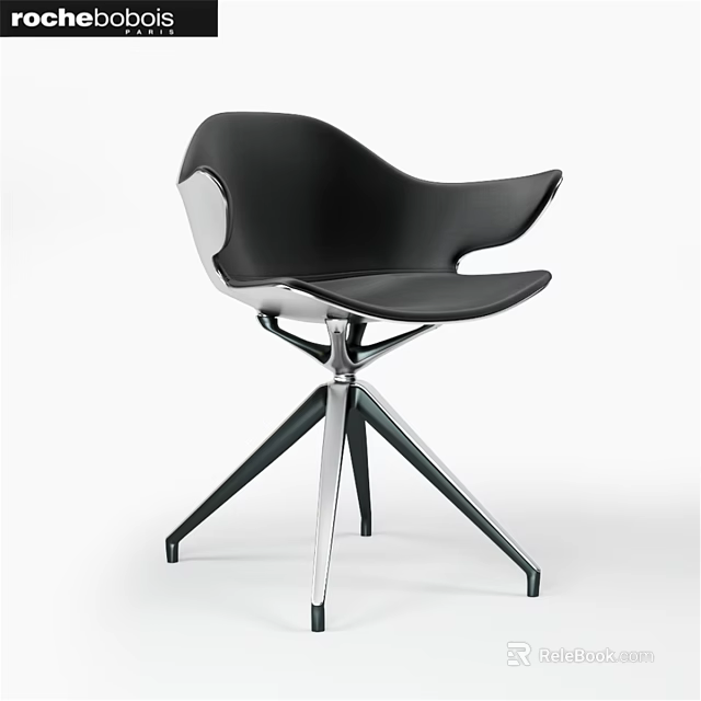 Modern Black Single Chair With Armrests And Metal Star Shaped Base 3d model 