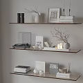 Modern Floating Shelves with Stacked Books Magazines Vase Twigs Framed Art and Record Player