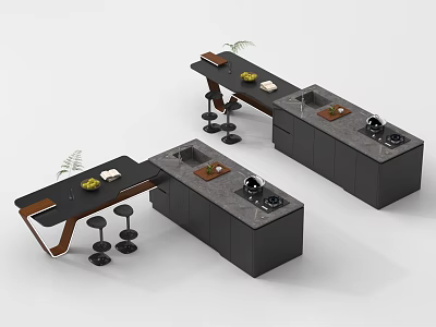 Modern Open Kitchen Interior With Black Stone Island Counter And Stools 3d model