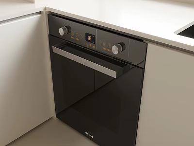 Black Built in Oven In Modern White Kitchen Cabinets With Digital Control Panel 3d model