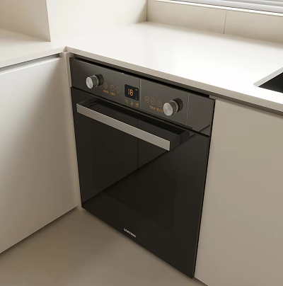 Black Built in Oven In Modern White Kitchen Cabinets With Digital Control Panel 3d model