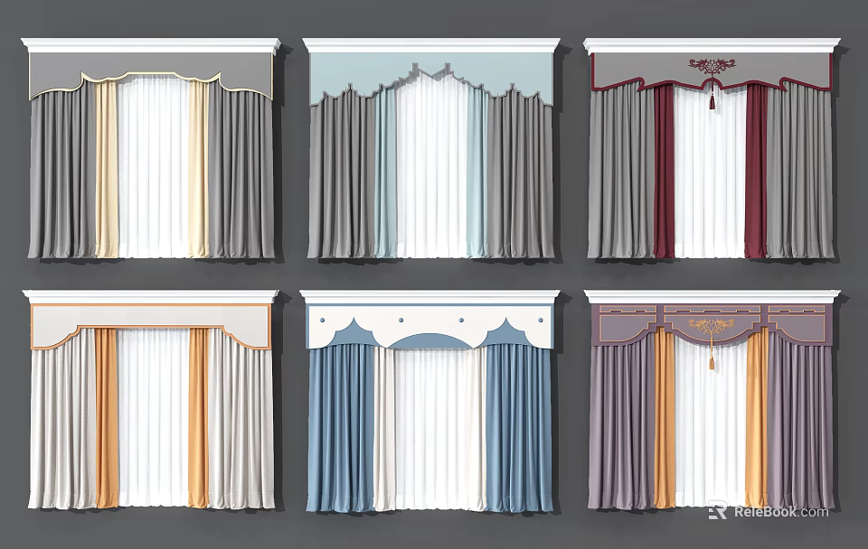 Various Stylish Curtains With Different Colors Valances And Tassel Details 3d model 