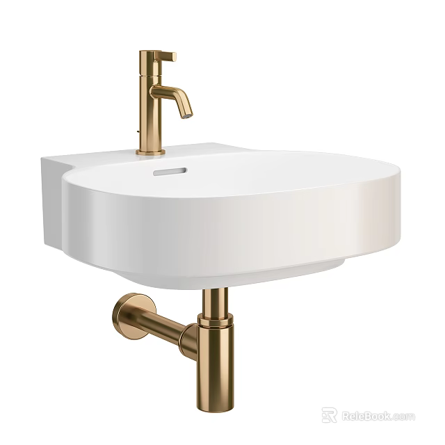 Modern White Ceramic Washbasin with Gold Faucet and Elegant Stand Design 3d model 