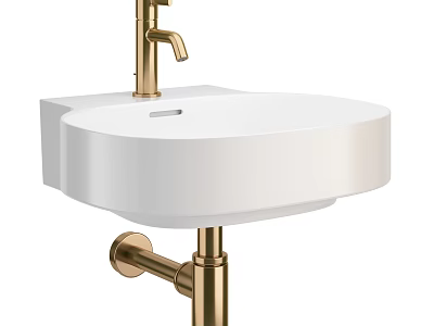 Modern White Ceramic Washbasin with Gold Faucet and Elegant Stand Design 3d model