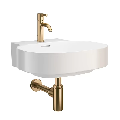Modern White Ceramic Washbasin with Gold Faucet and Elegant Stand Design 3d model