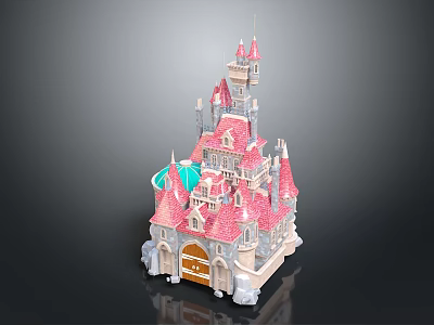 Detailed Castle Model With Pink Roofs Towers Colorful Domes Wooden Door And Stone Base 3d model