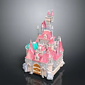 Detailed Castle Model With Pink Roofs Towers Colorful Domes Wooden Door And Stone Base