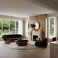 Open Living and Dining Area With Large Windows Black Sofa Red Armchair Fireplace Round Mirror