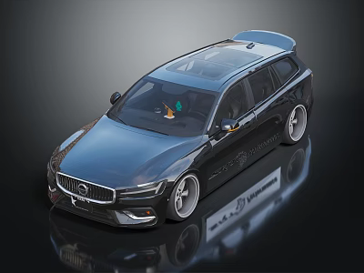 Black Volvo Estate Wagon With Roof Rack Large Wheels Tinted Windows And Reflection 3d model
