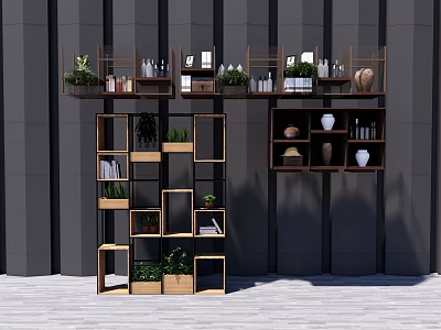 Modern Wall Mounted Shelving Units with Open Compartments Plants Books and Decorative Items 3d model