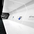 Modern Exhibition Hall With Multiple Screens Golden Trophies Black Floor White Ceiling And Entrance Sign