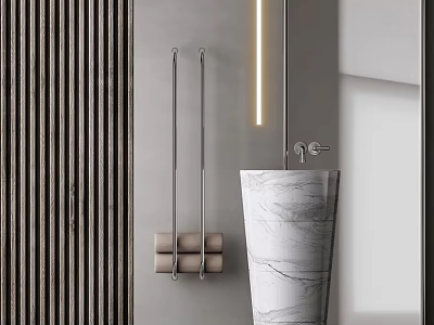 Modern Minimalist Bathroom Featuring Marble Washbasin Towel Rack And Folded Towels 3d model