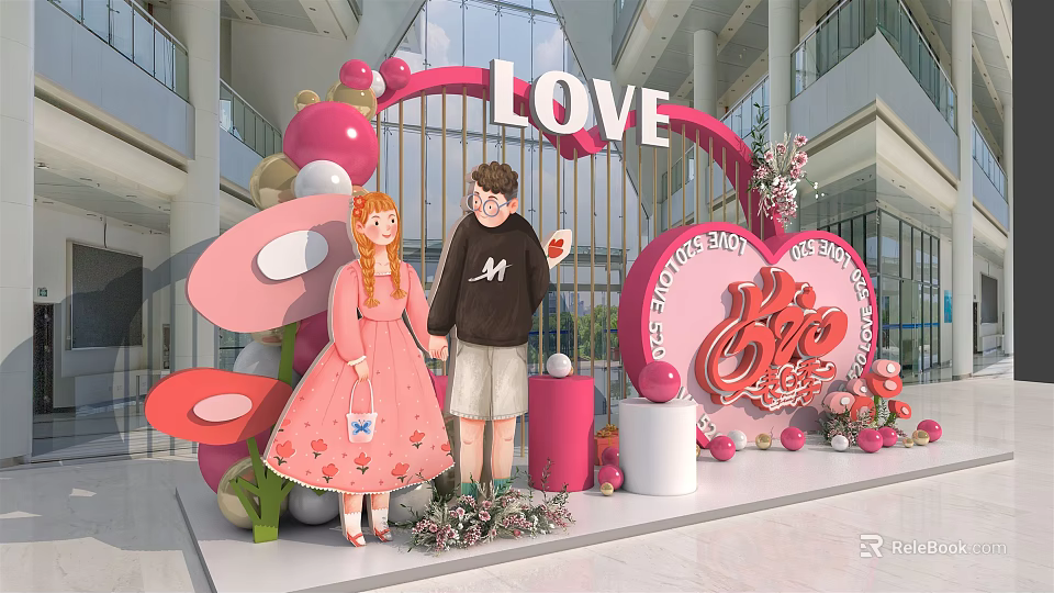 Romantic Event Setup With LOVE Arch Couple Holding Hands And Heart Decorations 3d model 