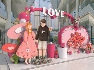 Romantic Event Setup With LOVE Arch Couple Holding Hands And Heart Decorations 3d model