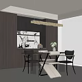 Modern Restaurant Interior With Dining Table Chairs Pendant Lights And Marble Backsplash 3d model