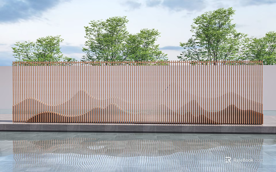 Landscape Wall With Striped Copper Panels Mountain Pattern Water Reflection Green Trees And Clear Sky 3d model