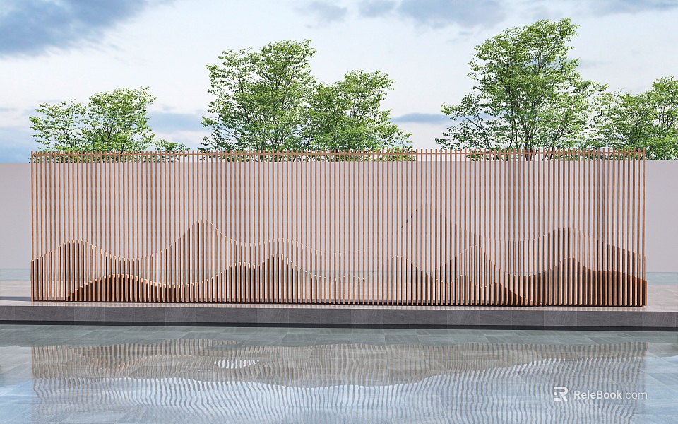 Landscape Wall With Striped Copper Panels Mountain Pattern Water Reflection Green Trees And Clear Sky 3d model 