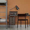 Modern Metal Bunk Bed With Gray Pillows Blanket Lower Bunk Wooden Desk Lamp Orange Wall White Curtains