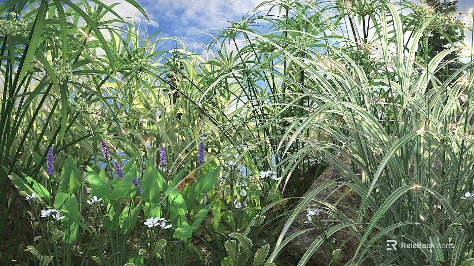 Lush Green Shrubs With Small White Purple Flowers And Feathery Grass Under Blue Sky 3d model 