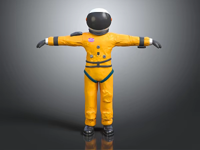 Man Wearing Yellow Spacesuit With Helmet Standing In Arms Outstretched Pose 3d model