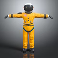 Man Wearing Yellow Spacesuit With Helmet Standing In Arms Outstretched Pose