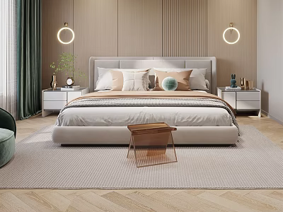 Modern Bedroom Interior With Upholstered Headboard Round Wall Lamps Green Curtains And Wooden Flooring 3d model