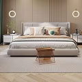 Modern Bedroom Interior With Upholstered Headboard Round Wall Lamps Green Curtains And Wooden Flooring