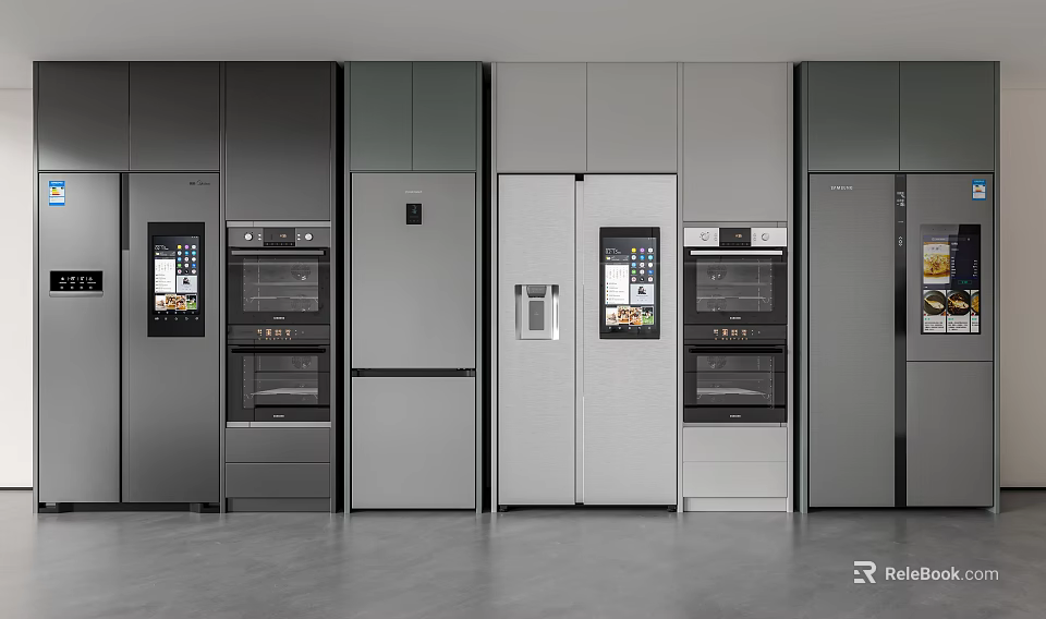 Modern Kitchen With Multiple Refrigerators And Freezers Gray Built-in Cabinetry Design 3d model 