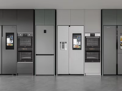 Modern Kitchen With Multiple Refrigerators And Freezers Gray Built-in Cabinetry Design 3d model