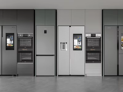 Modern Kitchen With Multiple Refrigerators And Freezers Gray Built-in Cabinetry Design 3d model