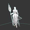 Cloaked Female Warrior in Armor Holding Blue Glowing Spear Against Dark Background