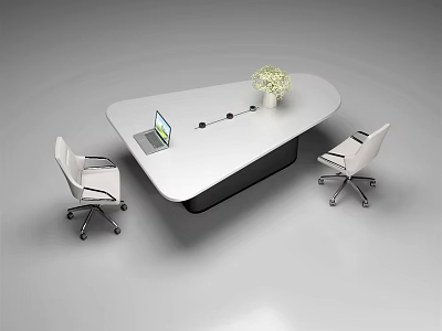 Modern Conference Table With White Tabletop Black Base Laptop Flower Vase Two White Office Chairs 3d model