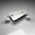 Modern Conference Table With White Tabletop Black Base Laptop Flower Vase Two White Office Chairs