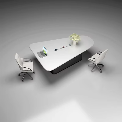 Modern Conference Table With White Tabletop Black Base Laptop Flower Vase Two White Office Chairs 3d model