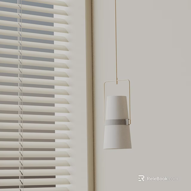 Modern White Pendant Light With Metal Frame By Window Blinds On White Wall 3d model 